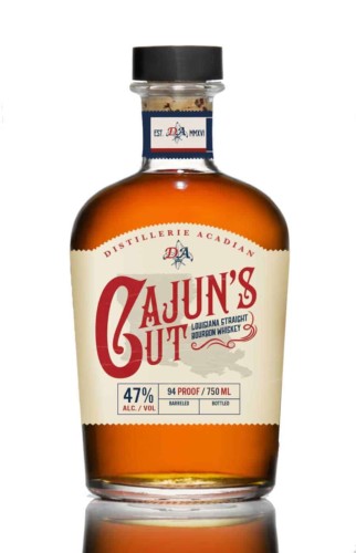 Front view of a bottle of Cajuns Cut whiskey. Product design by Trent Oubre Studio.